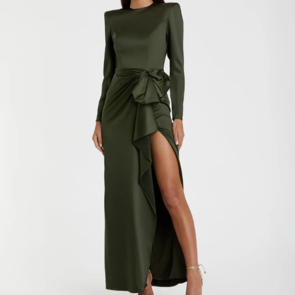 Mac Duggal Dark Green Long Sleeve Structured Bow Draped Gown